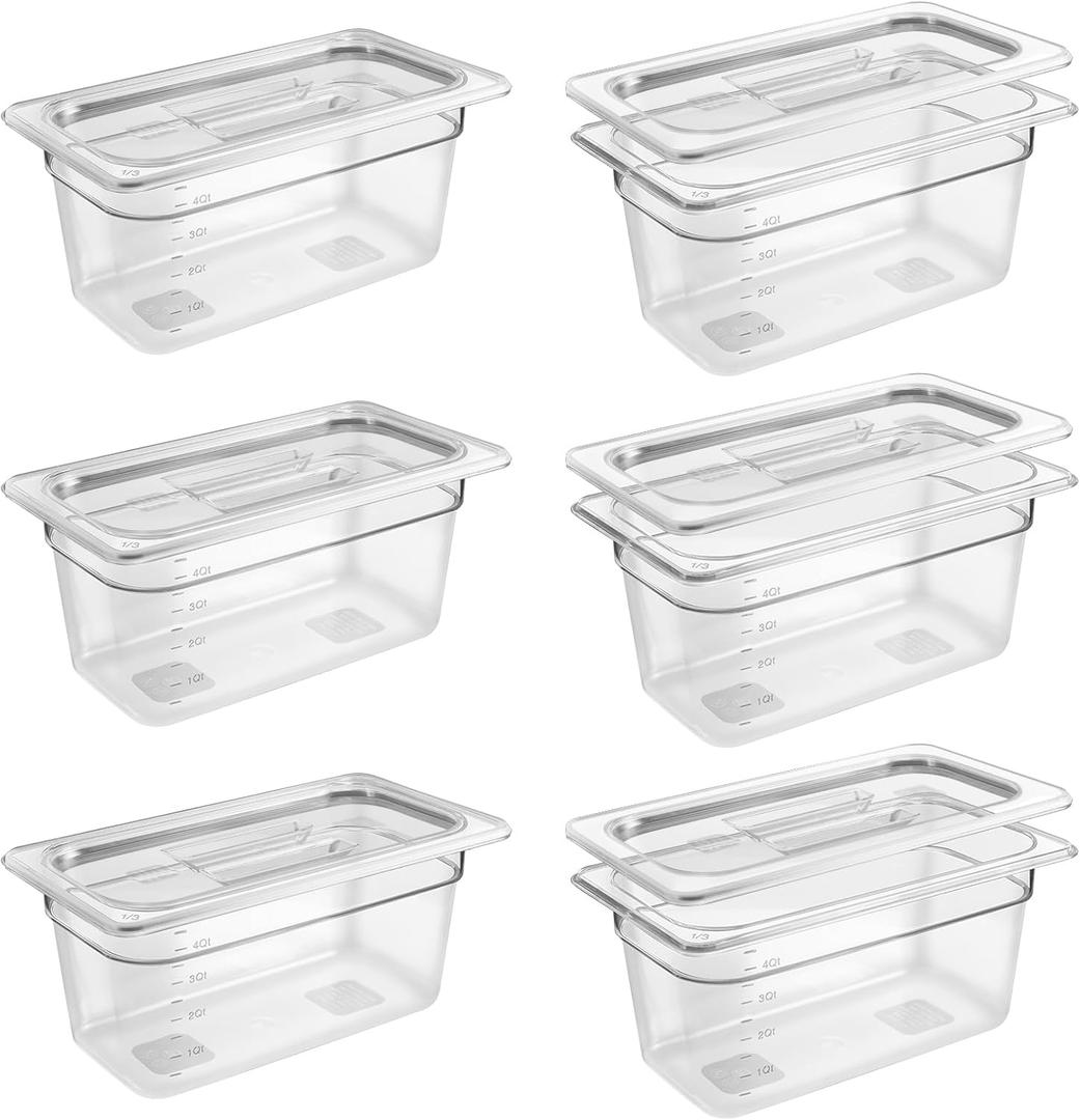 6 Pack 1/3 Size 6'' Deep Clear Food Pans with Lids, Commercial Food Pans Polycarbonate Transparent Food Storage Containers, Stackable Plastic Pan with Capacity Scale, Restaurant Supplies Hotel Pan