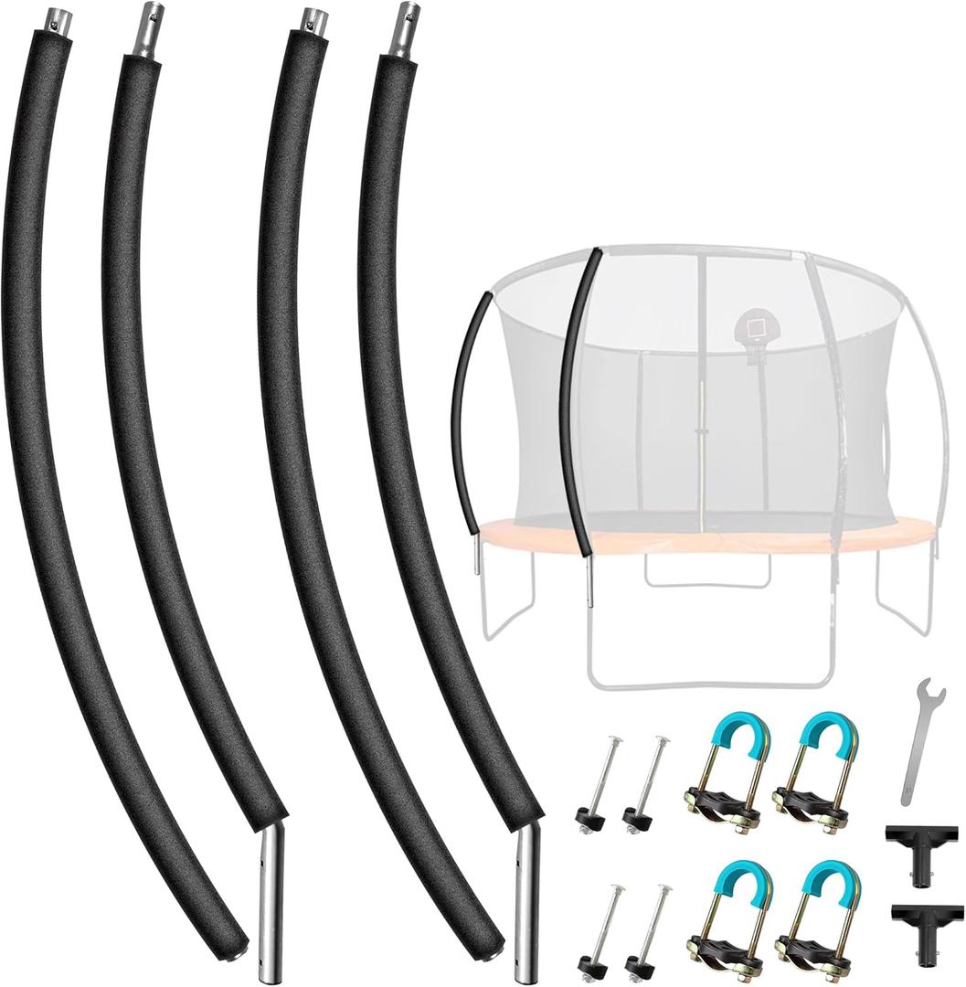 2PCS Trampoline Curved Poles, Universal Trampoline Replacement Enclosure Poles to Fit 8-16FT Curved Pole Frame, Includes Foam Sleeve and Hardware with 2 Installation Options