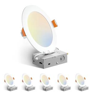 Amico 8Pack 6 Inch 5CCT Ultra-Thin LED Recessed Ceiling Light with Junction Box, 2700K/3000K/3500K/4000K/5000K Selectable, 12W Eqv 110W 1050LM Brightness Dimmable Canless Wafer Downlight, ETL & FCC
