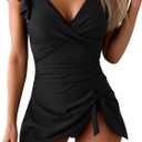 One Piece Swimdress Tummy Control Ruffle Swimsuit for Women Tie Knot Swim Dresses V Neck Bathing Suit Skirt
