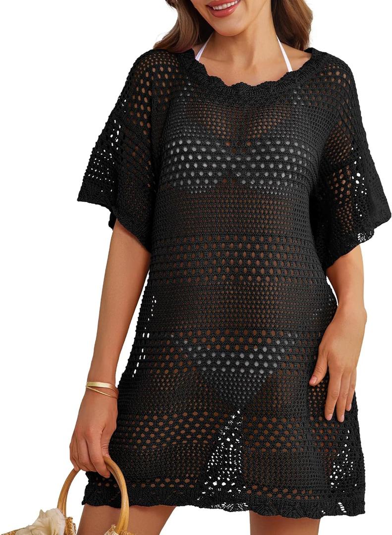 Women Swimsuit Coverup Crochet Bathing Suit Beach Cover Ups Summer Knit Bikini Beachwear Pullover 2025 Swimwear Dress (L)