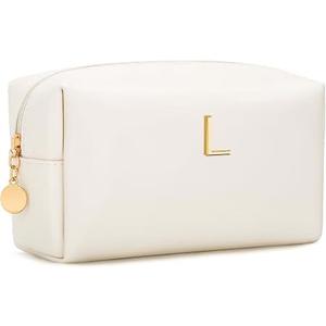 Personalized Initial Travel Makeup Toiletry Bag Gifts for Women
Large Cosmetic Organizer Waterproof PU Leather Birthday Bridesmaid Gift Set with Handle & Divider for Girls Beige-L