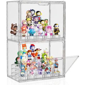 JOYZAN Acrylic Display Case 2 Pack Display Boxes for Collectibles, Figure Display Case with Magnetic Door, Stackable Clear Box with Moveable Cylindrical Modules for Popmart, Funko, Doll