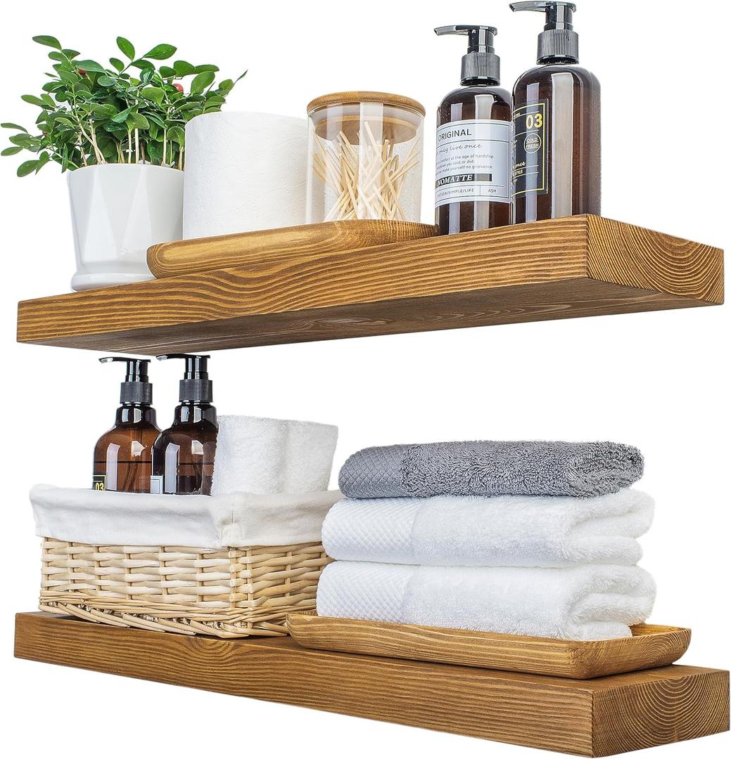 Wood Floating Shelves,24 inch Rustic Wood Wall Shelves for Bathroom Living Room Bedroom Kitchen Farmhouse Laundry Room Set of 2,Handmade-Thickened Wall Shelf,Oak Color (24''x5.7''x1.5'', Golden Oak)
