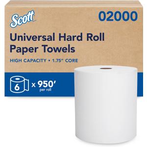 Scott Professional Essential Universal High-Capacity Hard Roll Paper Towels, Bulk (02000), Hardwound 1.75" Core, White, Compact for Easy Storage (6 Rolls at 950' Each, 5,700'/Case)