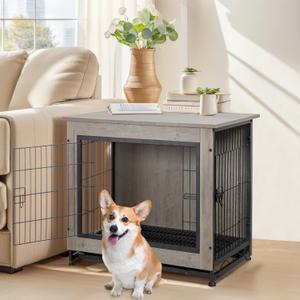 Shintenchi Dog Crate Furniture, Double-Doors Kennel Indoor with Removable Tray, End Table Dog House for Small Breed, 27.2" L, Grey