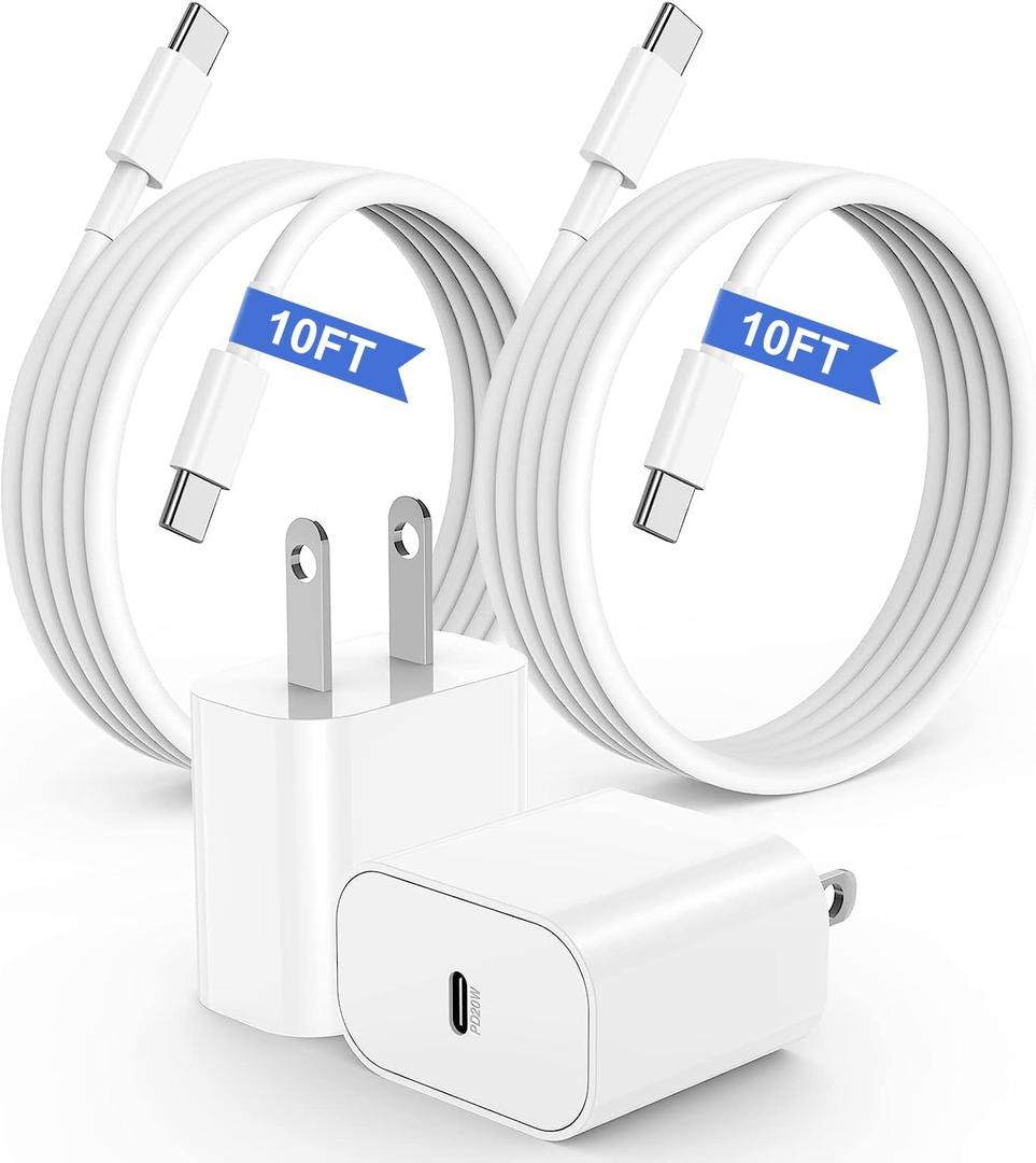 iPhone 16 15 Charger, 20W USB C Fast Charging Block and 10ft Type C to C Cable Cord Long for Apple iPhone 16/16 Pro/15 Plus/15 Pro Max,iPad 12.9/11 inch 4/3/Air/Mini/6Gen/Wall Power Adapter Cube Brick
