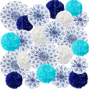 Wavwavw 24 Pcs Blue Bridal Shower Decorations Set Blue White Vintage Paper Fans Flowers Tissue Pom Poms Bloom Balls for Bachelorette Wedding Birthday Party Decorations