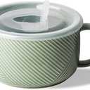 Oversized Soup Bowl with Handle: 38 oz Ceramic Soup Mug with Lid - Microwave Safe Jumbo Food Storage Container for Ramen Cereal Breakfast Meal Prep Office Lunch Dorm Living - Pea Green 6 In