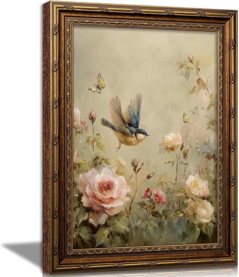 Vintage Gold Framed Bird Wall Art Spring Cottagecore Painting Canvas Sparrow And Butterfly In The Rose Bush Picture Wall Decor Whimsical Floral Aesthetic Print Artwork For Living Room Bedroom