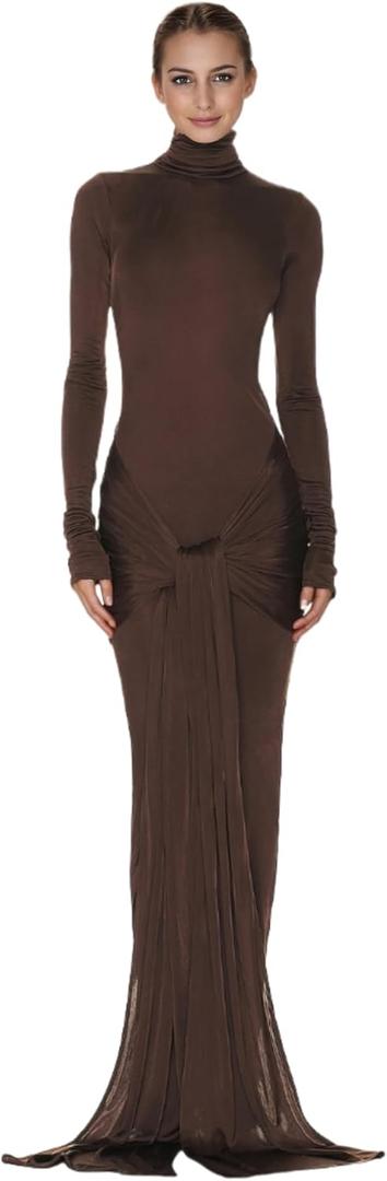 JUMISEE Women's Sexy High Neck Long Sleeve Maxi Dress Elegant Tie Waist Bodycon Long Dress Cocktail Party Dress (Coffee)