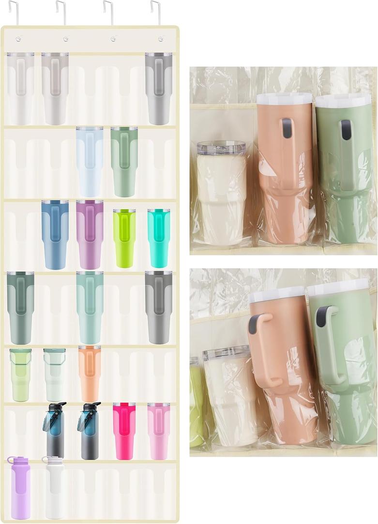 NiHome 35 Pockets Door Hanging Organizer for Large Stanley 30oz 40oz Tumblers with Handles, Deep Clear Pockets with Handle Slots, Waterproof Oxford Fabric for Kitchen, Cabinet, Pantry, Closet (Beige)