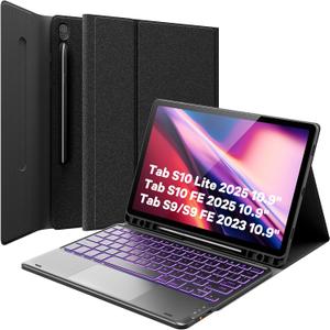 GreenLaw Case with Keyboard for Galaxy Tab S10 Lite/ S10 FE /S9 FE 5G 10.9 /S9 11 Inch, 7 Color Backlit Touchpad Keyboard with Pencil Holder, Magnetic Detachable, Black