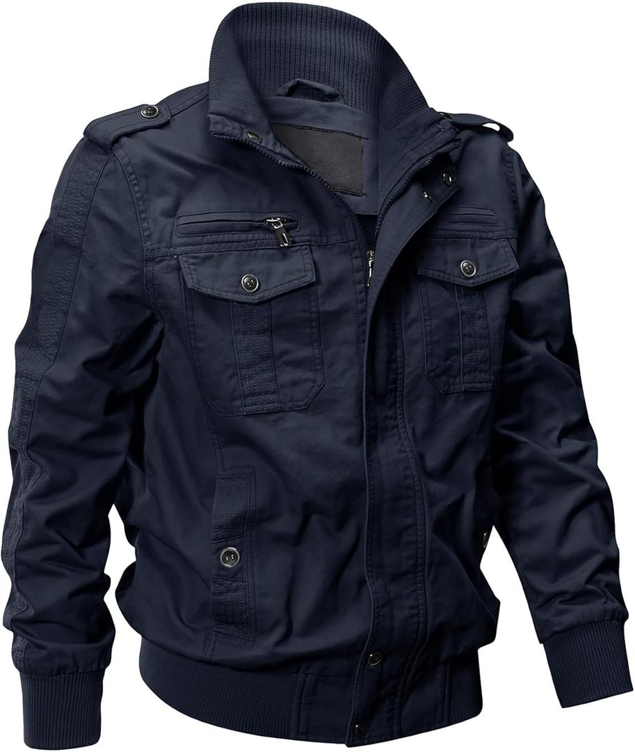 EKLENTSON Men's Cotton Lightweight Multi Pockets Zip Front Stand Collar Military Jackets Windbreaker (Medium, Navy Blue)