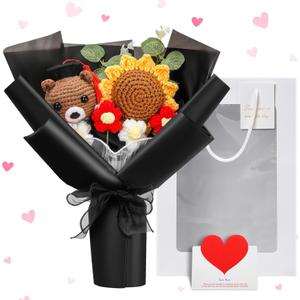 Graduation Crochet Flower Bouquet Set Includes Bear Knitted Sunflower Daisy Bouquet Eucalyptus Greeting Card Gift Bag 2025 Graduation Gift (Black, Knitted Bear)