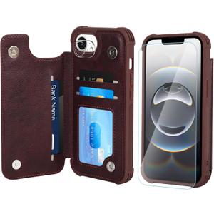 VANAVAGY Compatible for iPhone 16e/17e Wallet Case with RFID Blocking Card Holder for Women Men, PU Leather Magnetic Clasp Card Slots Phone Cover Kickstand with Screen Camera Protector, Burgundy