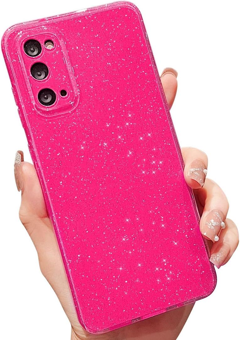 MINSCOSE Compatible with Samsung Galaxy S20 5G Case, Cute Neon Bright Color, Glitter Bling Thin Slim Shockproof Silicone Sparkly Cover for Women Girl for Galaxy S20 6.2 INCH-Hot Pink