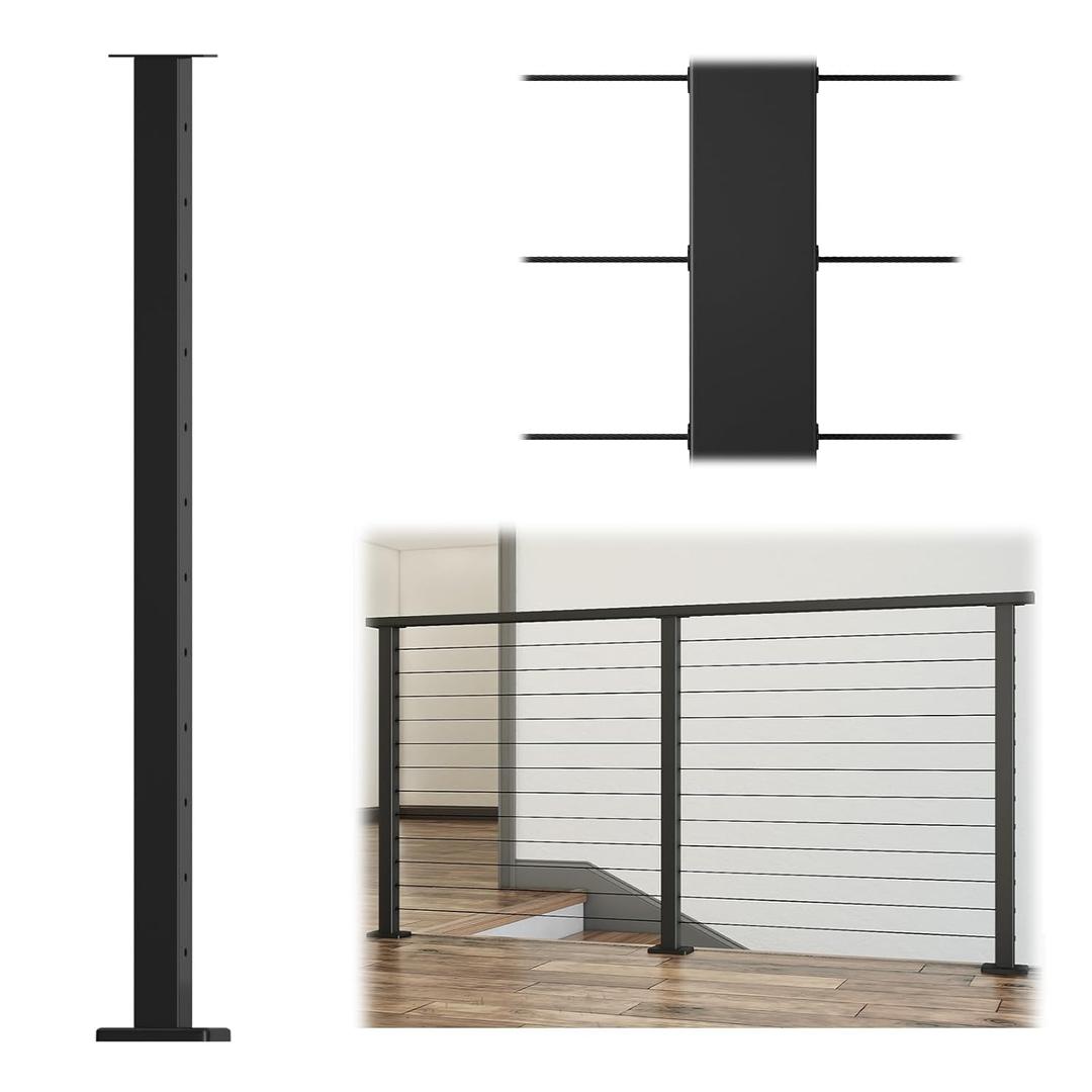 Muzata Black Cable Railing Post 42 Inch 42"x2"x2" Level Drilled Surface Mount T304 Stainless Steel Cable Railing System Kit Indoor Outdoor with Paper User Guide PS02 BH4L