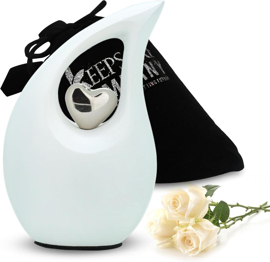 White Teardrop Small Urns for Human Ashes/Mini Urn with Sky Blue Heart/Cremation Keepsakes for Ashes/Ash Holders (White Matte, Extra Small - EXS (3 Cu in))