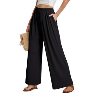 Dokotoo Women's Elastic Waist Wide Leg Pants Baggy Casual Stretch Palazzo Pants with Pockets (Black), S