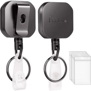 FEELSO Badge Holder Reel Retractable, Metal Heavy Duty Badge Holder with Belt Clip Key Ring and 6pcs Plastic ID Card Holders, Steel Wire Cord Up to 25 inch (2 Pack)