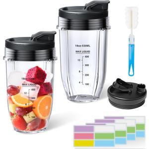 GuanQiao 2-Pack 18oz Blender Cups: Replacement For Ninja, With Sip/Seal Lid, Cleaning Brush & 24pcs Writable Labels. Fits BN401/BN751/BN801/BN800/BL450/BL456/BL480/Foodi SS401/SS101/TWISTi SS151/SS351