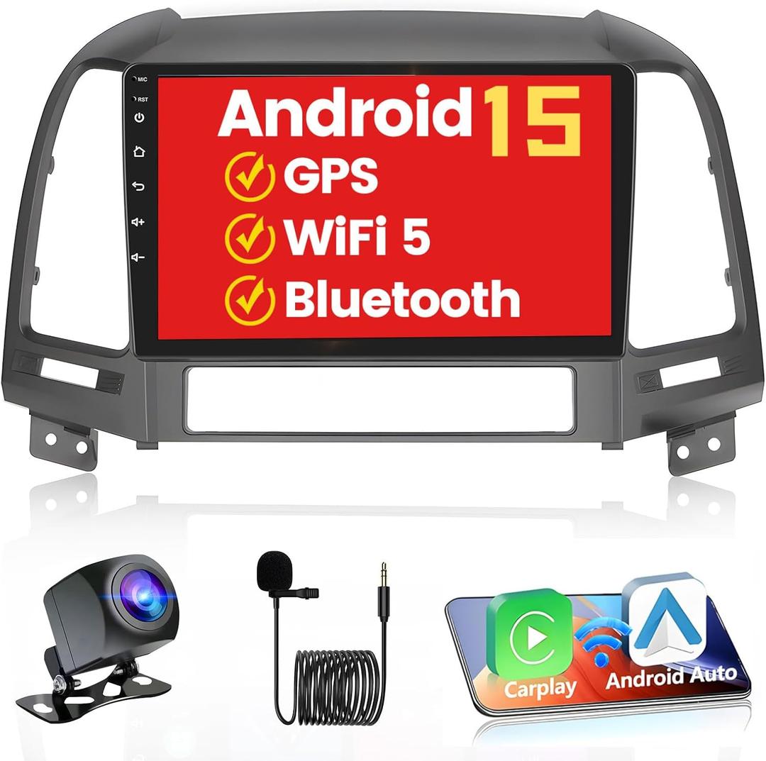 [5G WiFi] Android 15 Car Stereo for 2006-2012 Hyundai Santa Fe Radio, Hikity 9 Touchscreen Car Radio Wireless CarPlay Android Auto Mirror Link 2+32G Bluetooth/GPS/SWC FM/RDS/EQ Backup Camera+Mic