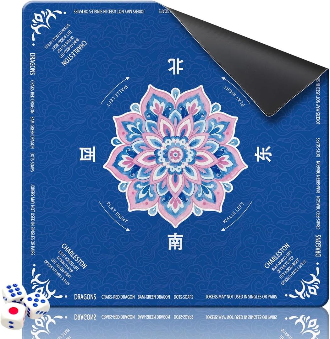 GreenD Mahjong Mat for Table 31.5"x31.5" Rubber American Mahjong Mat with Rules, Non Slip Noise Reduction Game Table Cover with Dice for Mahjong, Poker, Board, Card, Tile Games (Blue)