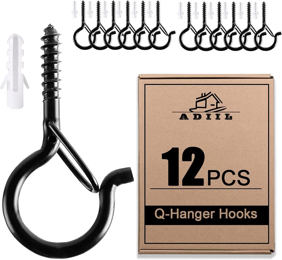 ADIIL 12 PCS Q Hanger Hooks with Safety Buckle, Windproof Screw Hooks for Hanging Outdoor String Lights, Plants, Christmas Patio Lights, 2.2 Inches, Black