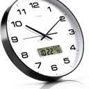 TIMESS Wall Clock, 14" Large Dial Non-Ticking Silent Battery Operated Analog with LCD Display for Perpetual Calendar and F° Temperature, Ideal Modern Home, Bedroom, Office Decor (Black)