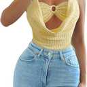 Milumia Women's Draped Neck Halter Bodysuit Cut Out Textured Tie Backless Going Out Leotard Tops  XL