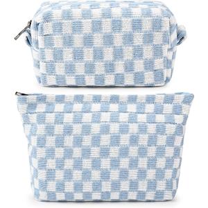 SOIDRAM 2 Pieces Makeup Bag Large Checkered Cosmetic Bag Capacity Canvas Mix Travel Toiletry Bag Organizer Cute Makeup Brushes Aesthetic Accessories Storage Bag for Women, Checkered Mix Blue