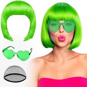 PLULON Green Bob Wig and Sunglass Set, Neon Funny Short Bob Wig Sunglass Pack Colorful Hairpieces Fancy Dress Cosplay Costume Accessories for Women Bachelorette Party Favors, Halloween Decorations