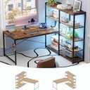 Pamray L Shaped Computer Desk with Reversible Side Storage Shelves, 49 Inch Gaming Desk with Power Outlets and Led Lights, PC Table for Home Office and Bedroom Vintage
