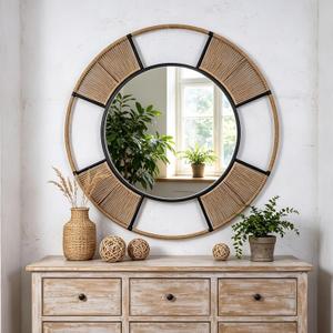 42'' Coastal Large Round Rope Mirror, Nautical Mirror with Detachable Rattan & Black Metal Frame, Farmhouse Mirrors for Rustic Boho Bathroom, Bedroom, Living Room, or Entryway