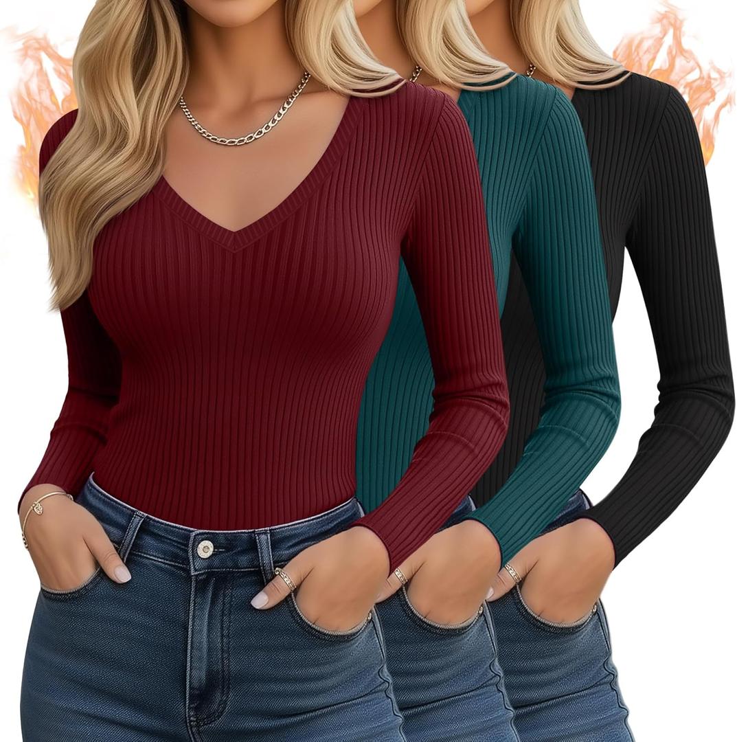 3 Pack Women's Ribbed Long Sleeve V Neck Tops Thermal Undershirt Fall Winter Stretch Slim Fitted Basic Tee Shirts (X-Large, Black, Dark Teal, Burgundy)