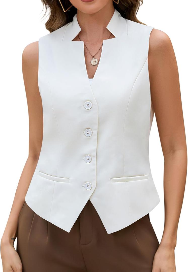 Genhoo Women's Suit Vest Tops Cropped Trendy Waistcoat Sleeveless Button Down Blazer Vest Fully Lined Going Out Tops (X-Large, White)