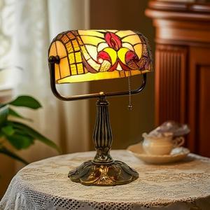 Tiffany Style Bankers Lamp - Stained Glass Desk Lamps with Baroque Design & Pull Chain, Vintage Table Lamp Bankers Desk Light for Office Bedroom Nightstand Living Room LED Bulb Included
