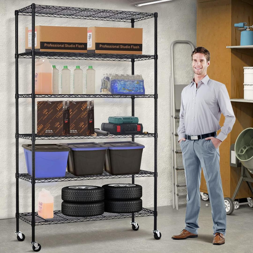 Storage Shelves Heavy Duty 6 Tier Wire Shelving Unit with Wheels Adjustable NSF Metal Wire Shelf 48" L×18" W×82" H Garage Shelves 2100 Lbs Weight Capacity Multifunctional Storage Rack, Black
