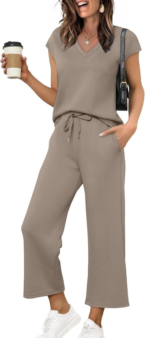Saloogoe Two Piece Sets for Women Summer Outfits Lounge Sets V Neck Tops Wide Leg Pants Woman Vacation Travel Outfits, XL