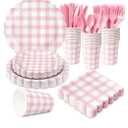 175 PCS Pink Gingham Party Supplies Includes Pink Gingham Paper Plates, Cups, Napkins, Cutlery for Baby & Bridal Shower, Wedding, Birthday Party, Outdoor Picnic, Serves 25