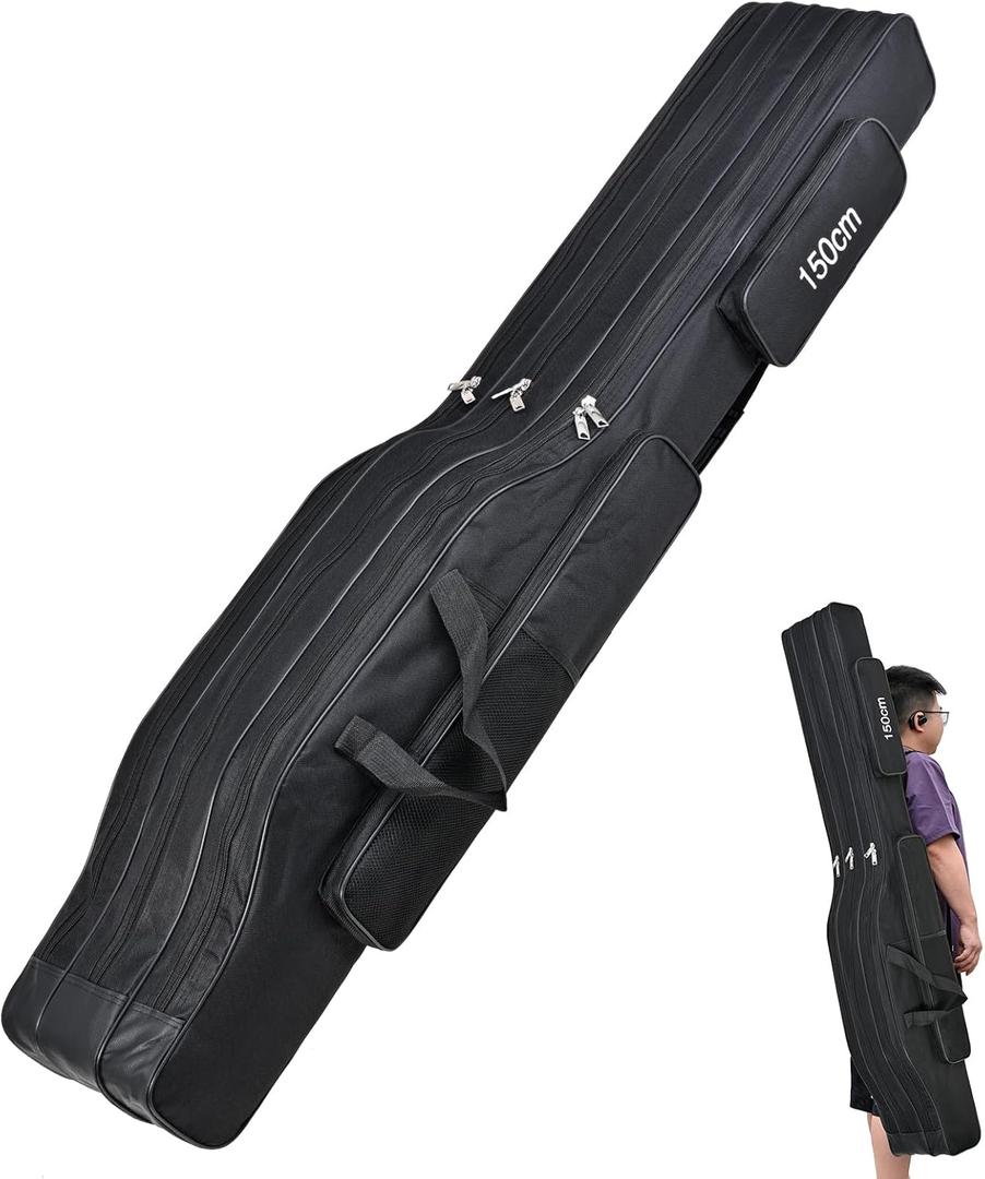 LEOFISHING Portable 3 Layers Fishing Pole Bag Durable Oxford Folding Fishing Rod Reel Carry Case Tackle Storage Bag Case Waterproof Camouflage Travel Fishing Carrier (Black, 150 Cm/59 In)