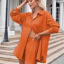 VamJump Women's 2 Piece Outfits Casual Long Sleeve Button Down Shirt and Shorts Tracksuit Matching Sets (Orange, M)