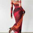 MARZXIN Women Long Sleeve Maxi Dress Bodycon Ruched Formal Slim Fit Tie Dye Dress Formal Mesh Dress (XL)