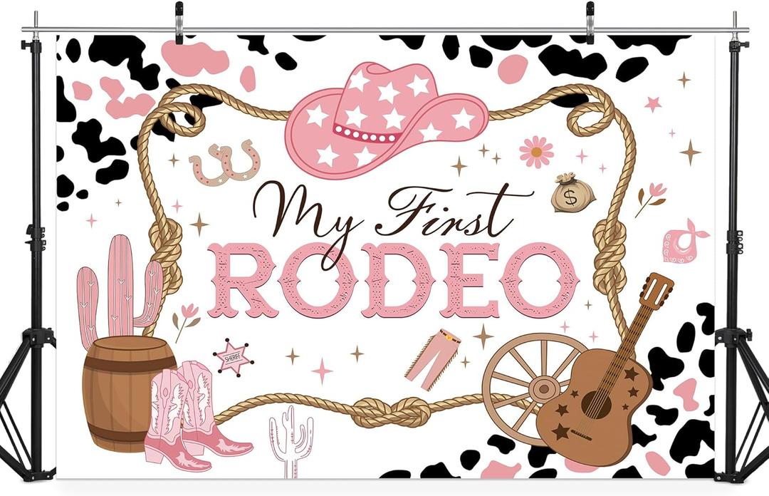 Riyidecor Cowgirl First Rodeo Birthday Backdrop, Western First Birthday Backdrop Banner, Cow Print Pink Girly Wild West Cactus 5x3 Feet Photography Background Newborn Party Decoration Supplies (5Wx3H)