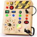 Busy Board with Led Light, Montessori Toys for 1-3 Years Old Boys Girls Wooden Toddler Toys Birthday Gift Educational Toys for 1+ Year Old, Toddler Travel Toy Sensory Toys for Kids with Autism