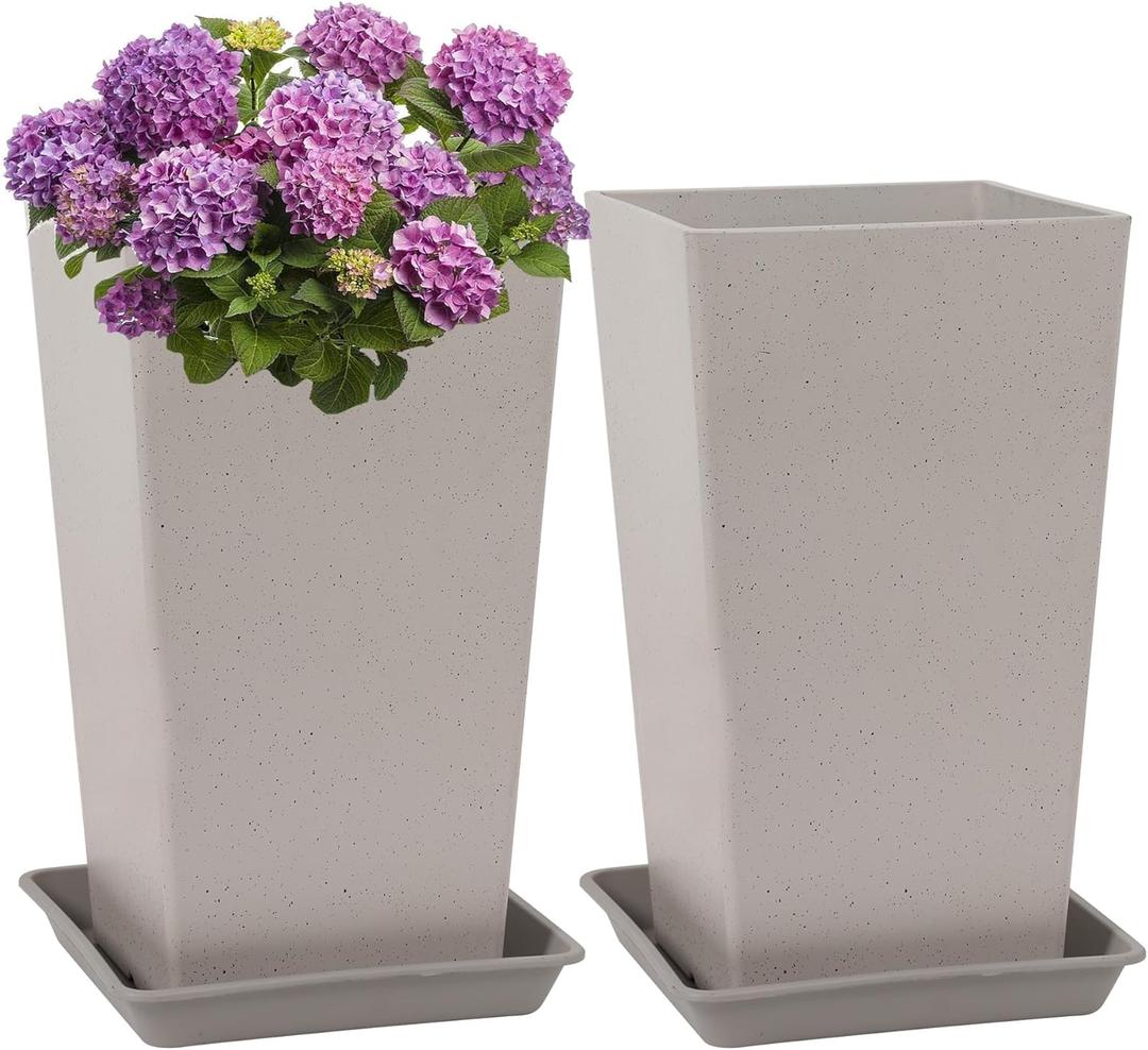 Neoaider Set of 2 Tall Planter, 21 inch Large Plastic Planter with Drain Hole & Saucers, Large Outdoor Planters for Porch, Garden, Patio, Balcony(Light Gray)