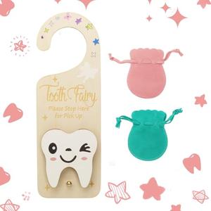 Tooth Fairy Tooth Holder, Room Decor Tooth Fairy Door Hanger with Money Slot, Keepsake Bag & Elegant Patterns for Lost Teeth, Encourage Gift for Boys & Girls Milk Teeth (Wink)