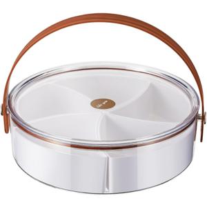 Round Plastic Divided Serving Tray with Lid and Handle Snack Box Container, Snackle Box Container, Veggie tray, Fruit tray Snack tray, Travel Snack Container, Candy Organizer for Daily Use & Events