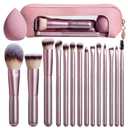 BS-MALL 14 Pcs Makeup Brushes Set with 1 Pcs Makeup Sponge Essential Foundation Powder Concealers, Eye Shadows, Blush Makeup Brushes with Travel Makeup Case (Matte Gold Pink)